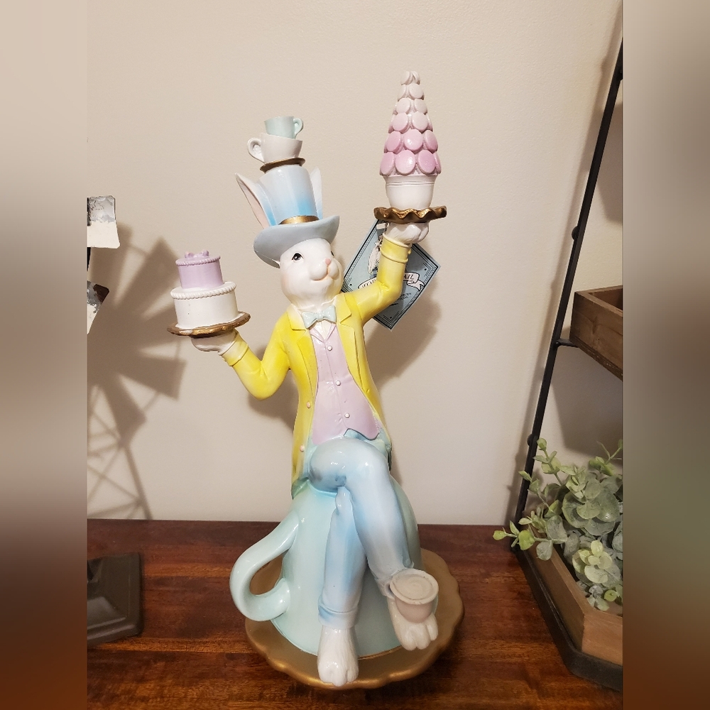 Tophat & Tail mad hatter balancing Easter bunny on teacup